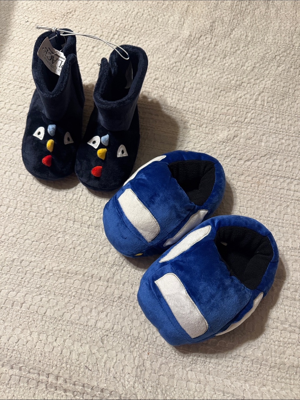 Kids Plush Blue Car & Navy Penguin Slippers Set